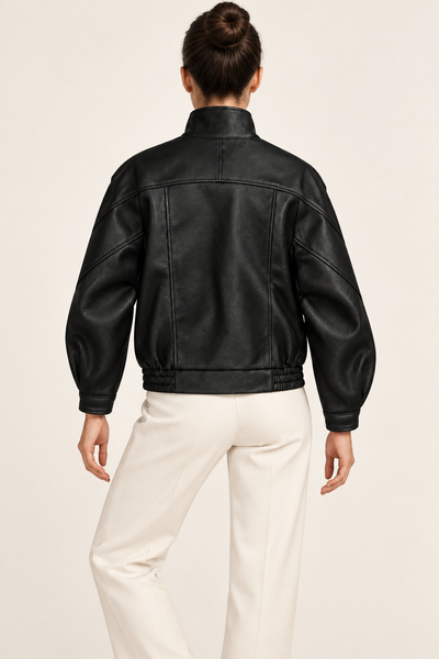 Faux leather bomber jacket with high collar