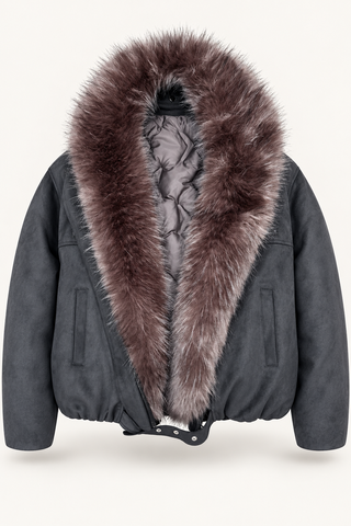 Cropped suede jacket with fur collar L